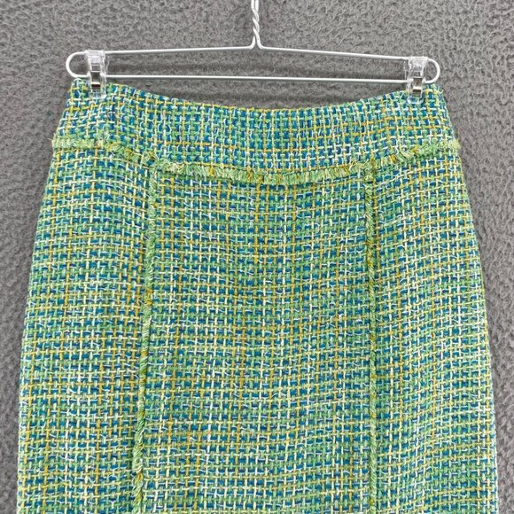 J McLaughlin Skirt Womens 8 Green Blue Tweed Silk Shimmer Fringe Mini Everyday - Picture 2 of 10